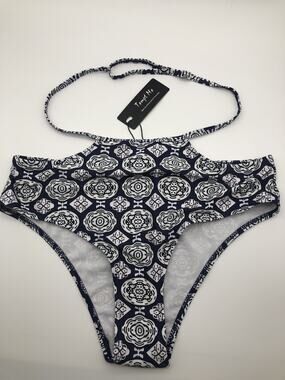 Tempt Me Women Retro High Waisted Bikini Bottom Ruched Swim Blue & White Sz XL